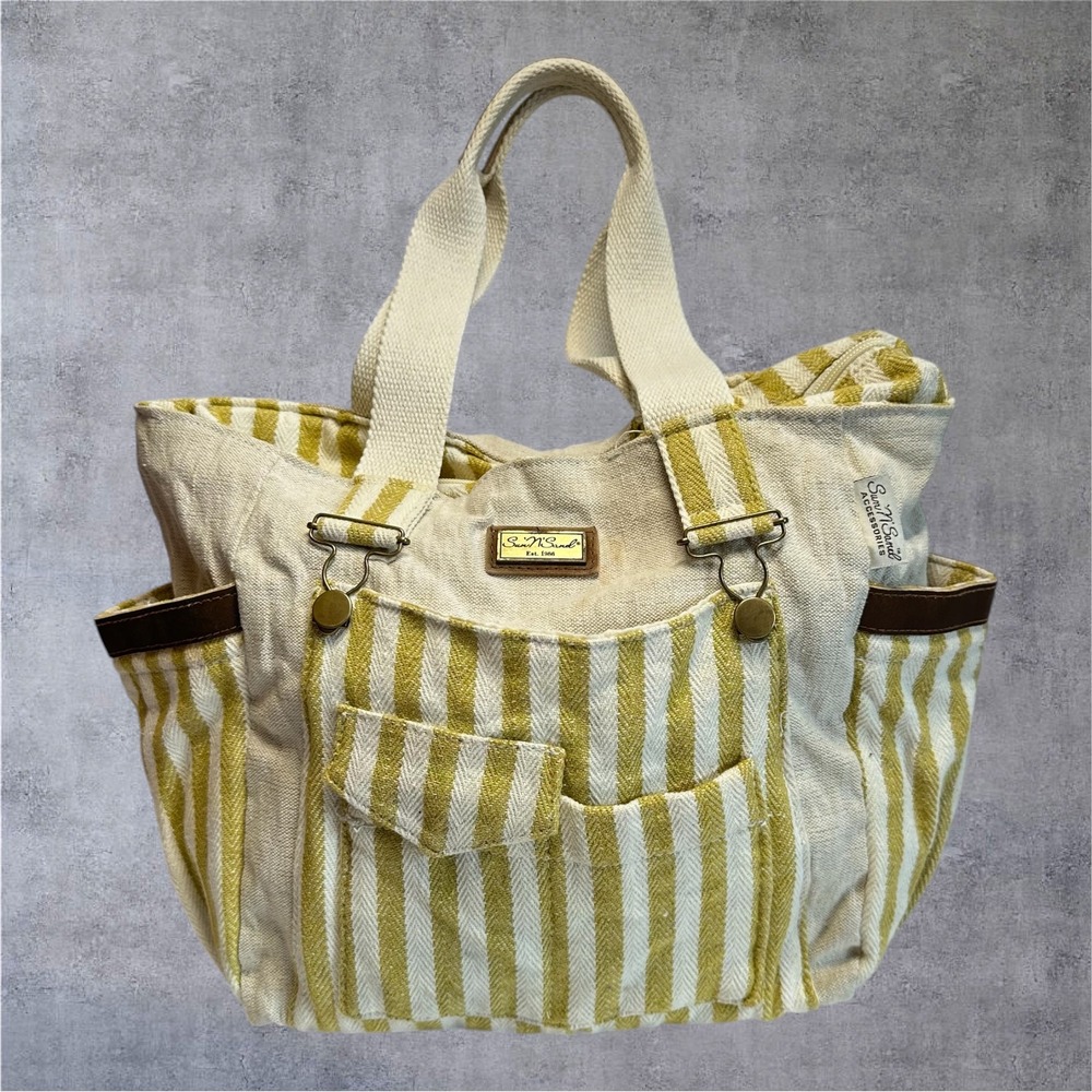 Sun N Sand Tote Bag Womens Large Yellow Striped Canvas Multi-Pocket Beach
